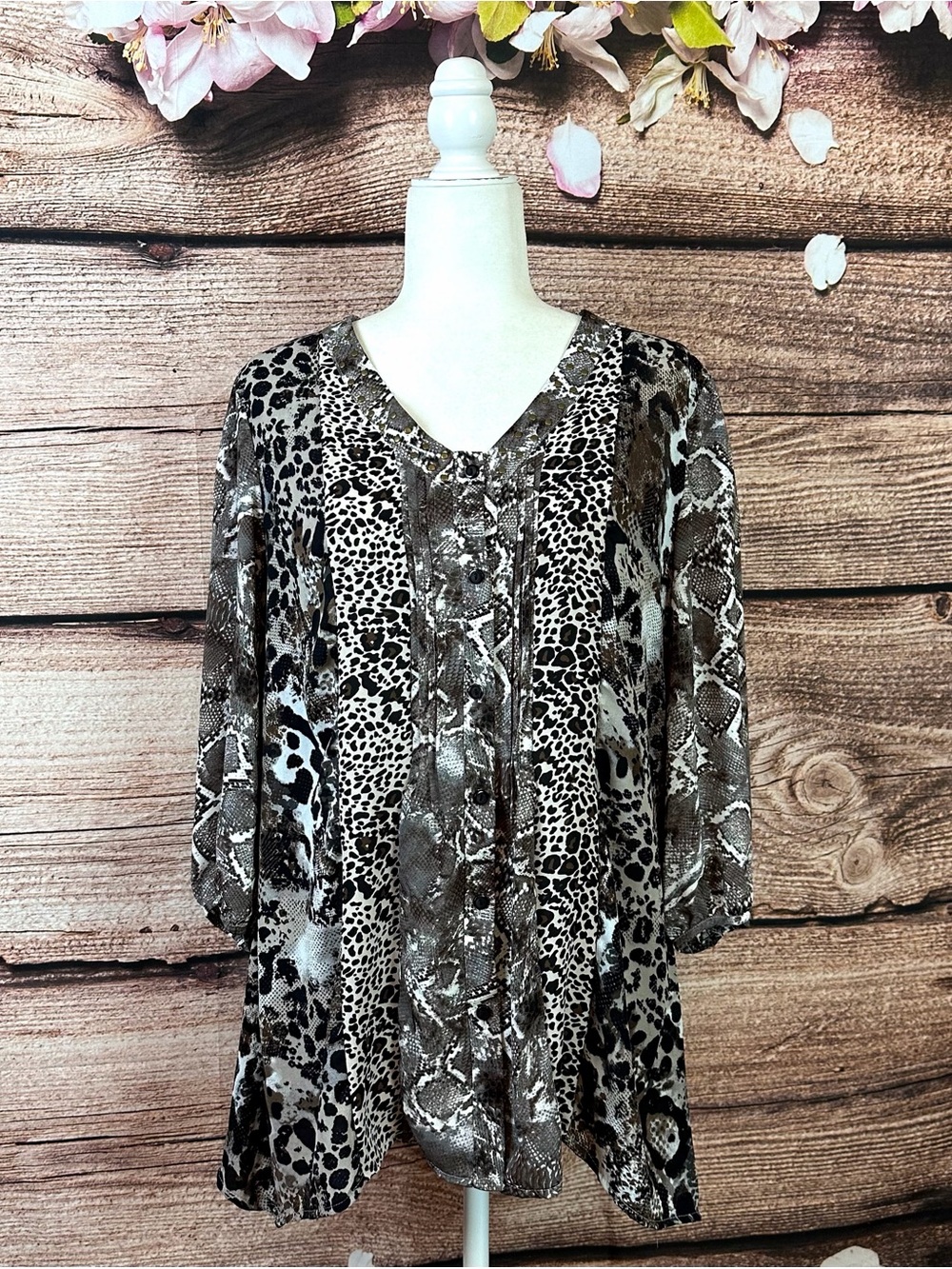 Notations Women’s Boho Beaded Leopard Snakeskin Yoke Button Down Blouse